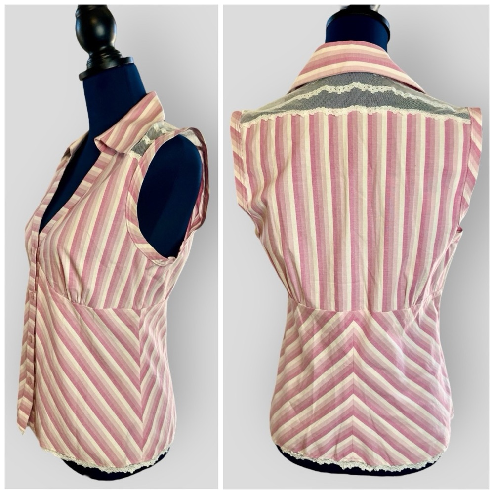 NEW! Parallel Pink & White Striped Sleeveless Button Down Blouse